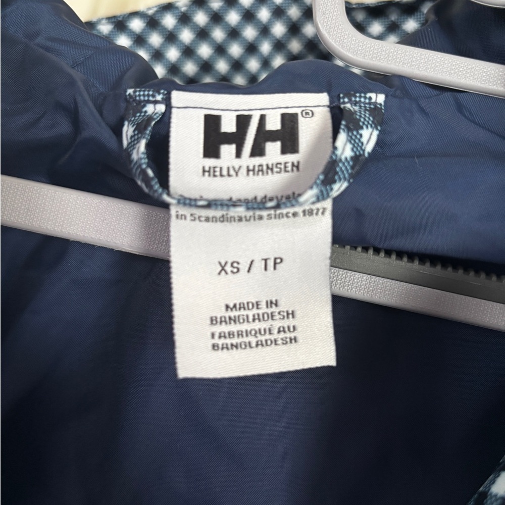 Helly Hansen Navy & White Patterned Hooded Lightweight Packable Raincoat Size XS - Picture 2 of 6